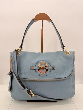 MICHAEL KORS Light Blue Pebbled Leather Satchel Crossbody Gold Hardware